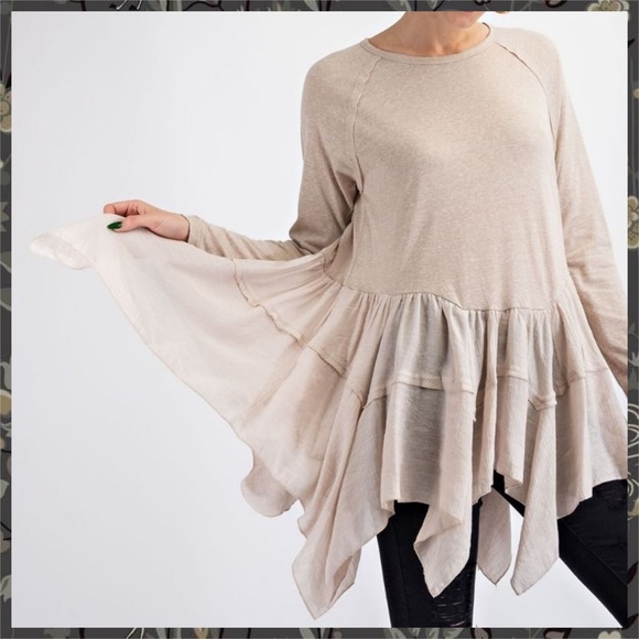 EASEL Long Sleeved Asymmetrical Ruffled Hem Lightweight Tunic Top - Picture 11 of 14